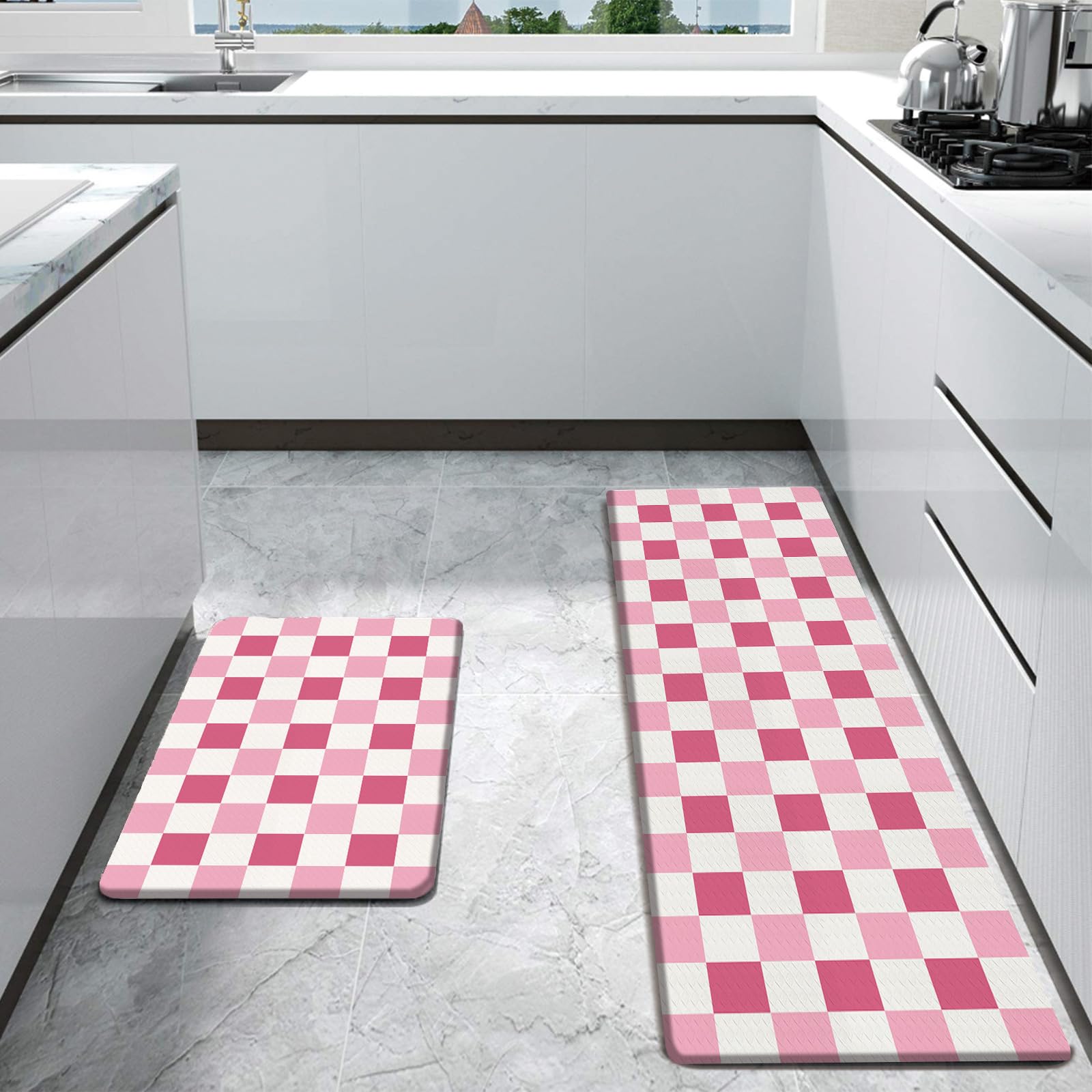Bulijojo Pink Plaid Anti Fatigue Kitchen Floor Mats Set of 2 Waterproof Kitchen Sink Runner Rug Standing Mat Cushioned Kitchen Rugs Comfort Doormat 17"x47"+17" x30“ - Image 6