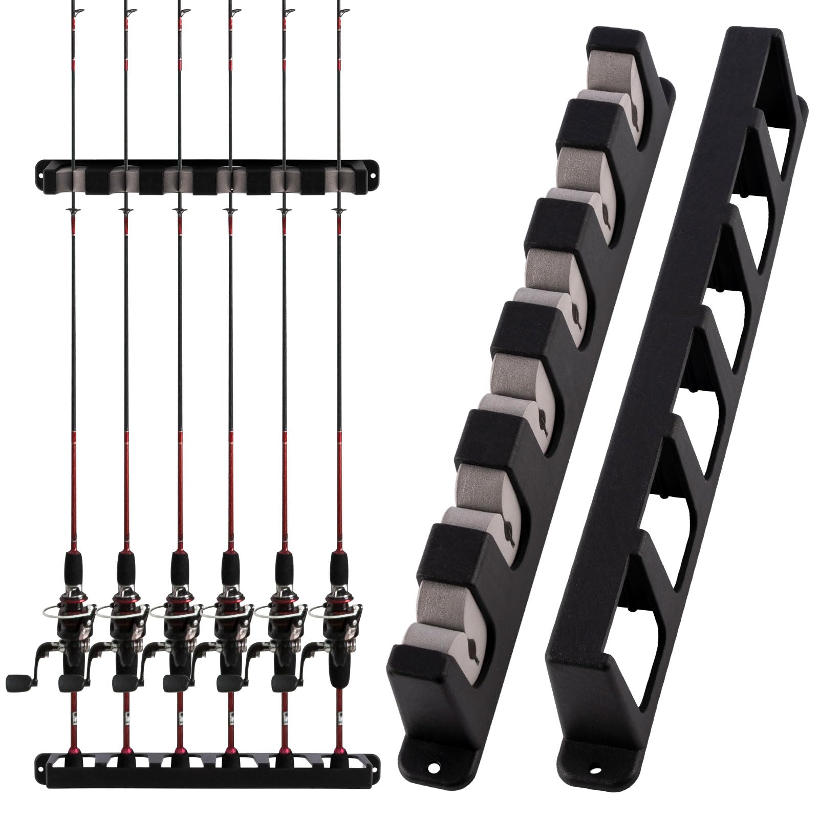 Dr.Fish 1 Pair Wall Mounted Fishing Rod Pole Holder Rod Stand Wall Vertical Holder for Storing 6 Slots Complete with Accessories in Box