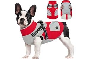 FUAMEY Dog Winter Jackets for Large Dogs,Dog Coat with Harness Built in,Waterproof Dogs Snowsuits Warm Pet Jacket Zip Up Fleece Cold Weather Coats Reflective Puppy Vest with Pocket Red L