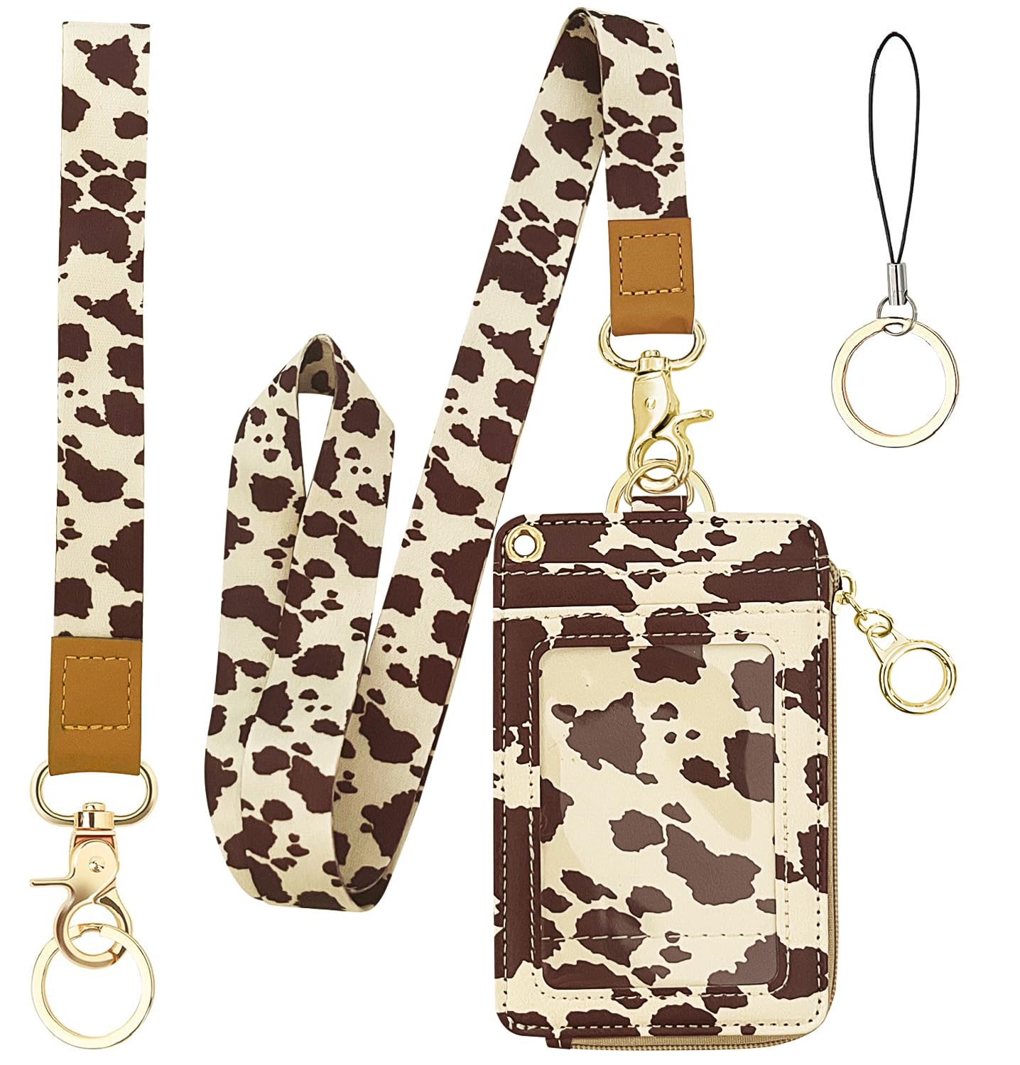 bolimoss Cow Print Lanyards for ID Badges and Keys,2-in-1 Cute ID Badge Holder & Lanyard Wallet,PU Leather Wallet Lanyard Card Name Tag Protector for Nurses, Doctors, Teachers, Students (Brown) — image 1