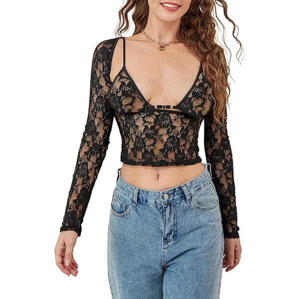 Generic Women Floral Lace Tops Low Cut Sheer Long Sleeve