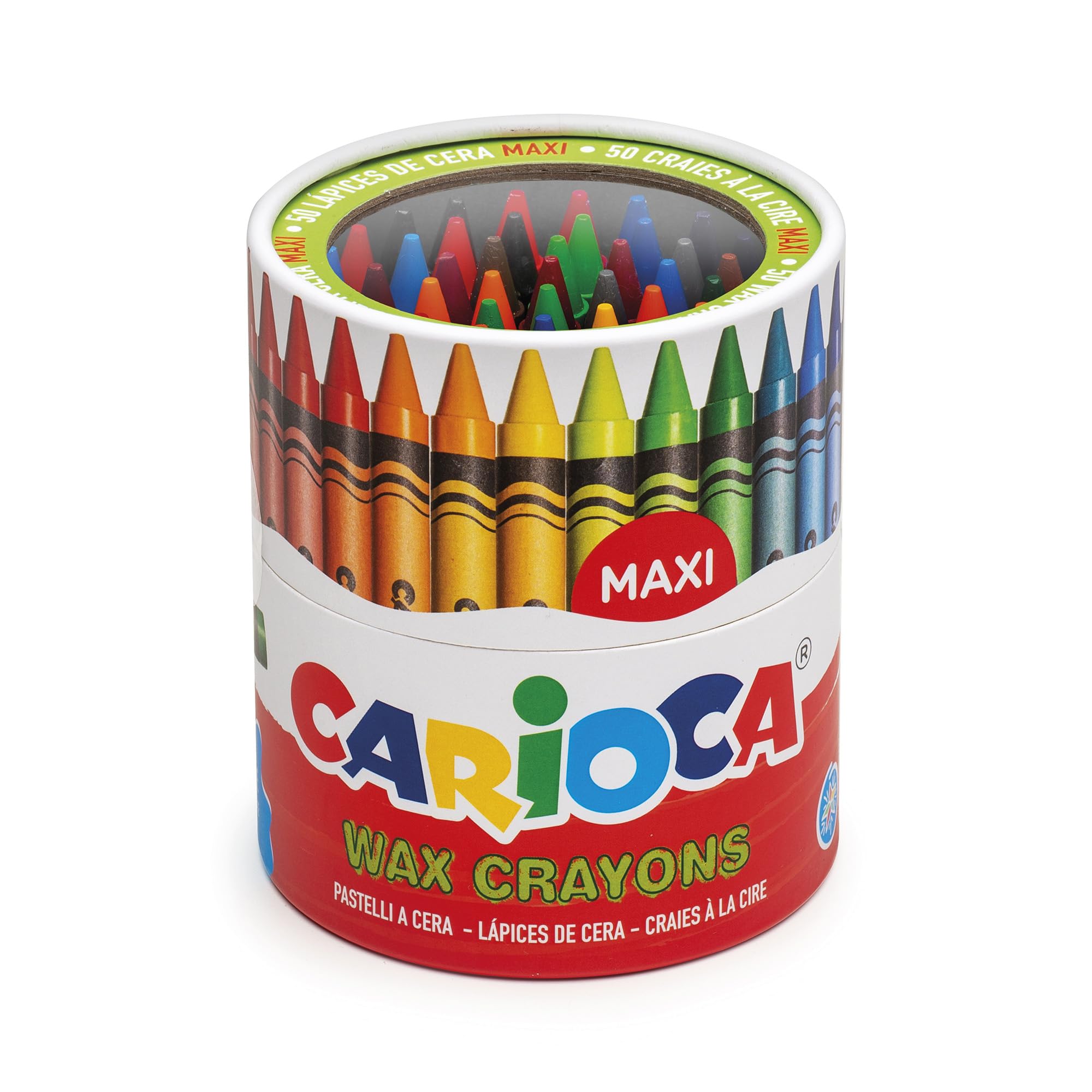 CARIOCA Maxi Wax Crayons - Soft and Smooth, Bright and Washable Colors, High Coverage, 12mm Tip, Easy to Sharpen (Box of 50 Maxi Wax Crayons)