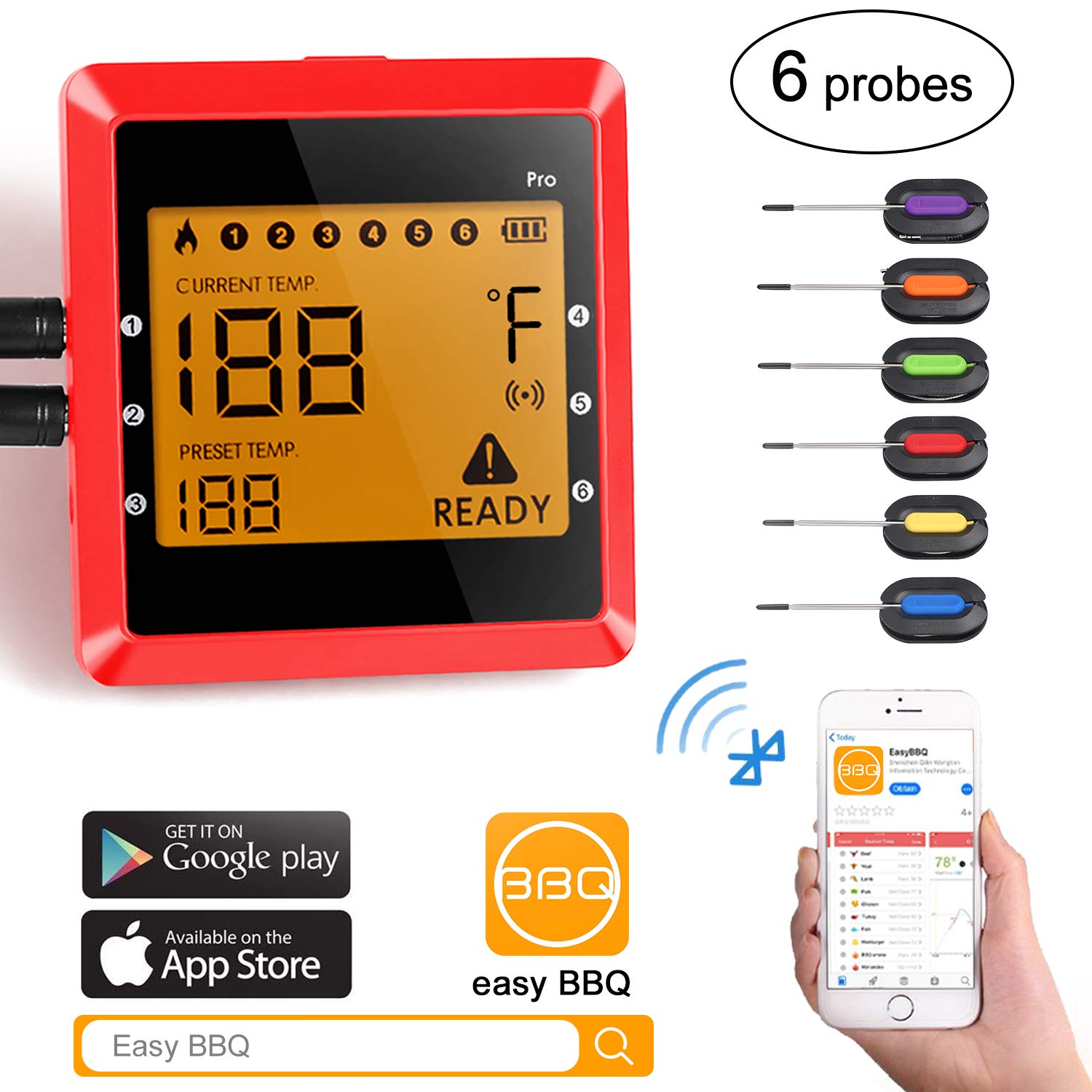 Digital Bluetooth Meat Thermometer for iPhone - 6 Long Probes, Smart