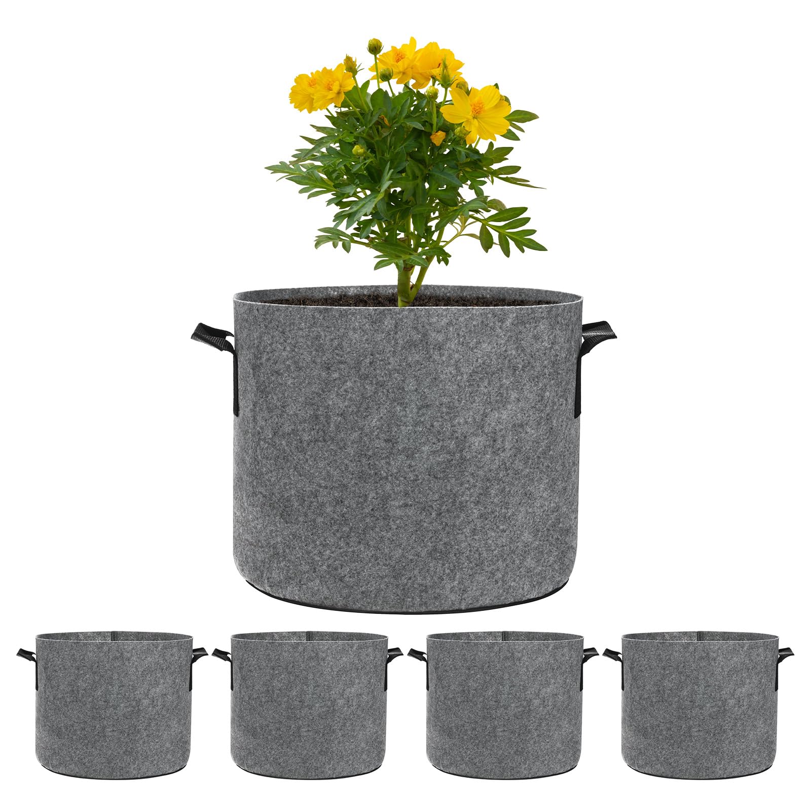 M METERXITY 5-Pack Plant Grow Bags 5 Gallon Grow Bags 300G Thickened Fabric Pots with Durable Handles Plant Garden Grow Pots for Fruits/Vegetables/Flowers/Plants [Grey]