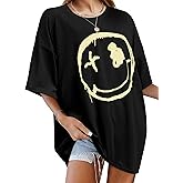WLLW Oversized Graphic Tshirts for Women Drop Shoulder Crewneck Short Sleeve Summer Loose Graphic Tees Tops