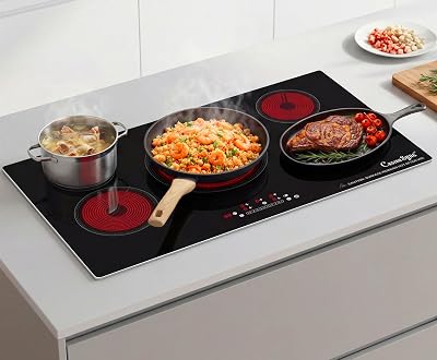 36 Inch Electric Cooktop 5 Burner, Built-In Ceramic Glass Cooktop 220-240V Hardwired, 9200W Radiant Electric Stove Top with Touch Control, 9 Heat Levels, Timer, Safety Lock, Works with All Cookware