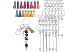 30 Pcs Beaded Keychain Making Kit（15 Blank keychains+15 Coloriul tassels）Metal Blank Silver Beaded Keychain And Tassel Making