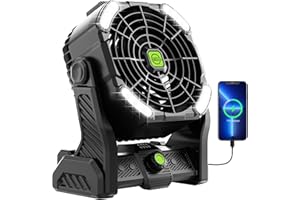 TDLOL Battery Powered Fan,20000mAh Camping Essentials Rechargeable Cordless Camping Fan with LED Light & Hook，270° Pivot USB Table Battery Operated for Tent Black X26