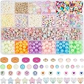 PONABEADIY 1 Box 2050pcs Acrylic Beads Kit Heart Flat Round Luminous Star Glass Polymer Clay Printed Plastic Beading Loose Spacer Bead Charm Bulk for Jewelry Making Bracelet Necklaces Diy Craft Supply