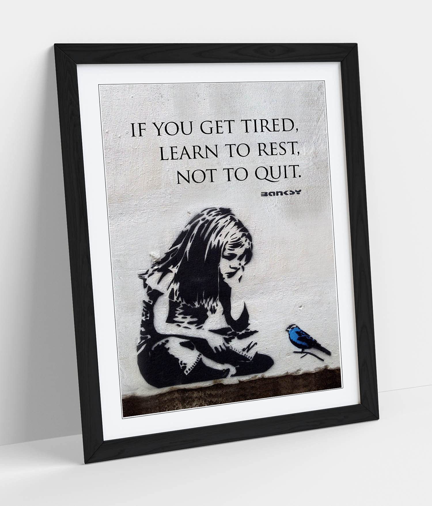 CanvasArtShop- BANKSY BLUE BIRD GIRL QUOTE PORTRAIT- PREMIUM WALL ART FRAMED PICTURE PRINTS - 3 COLOURS - 4 SIZES (BLACK, A3)