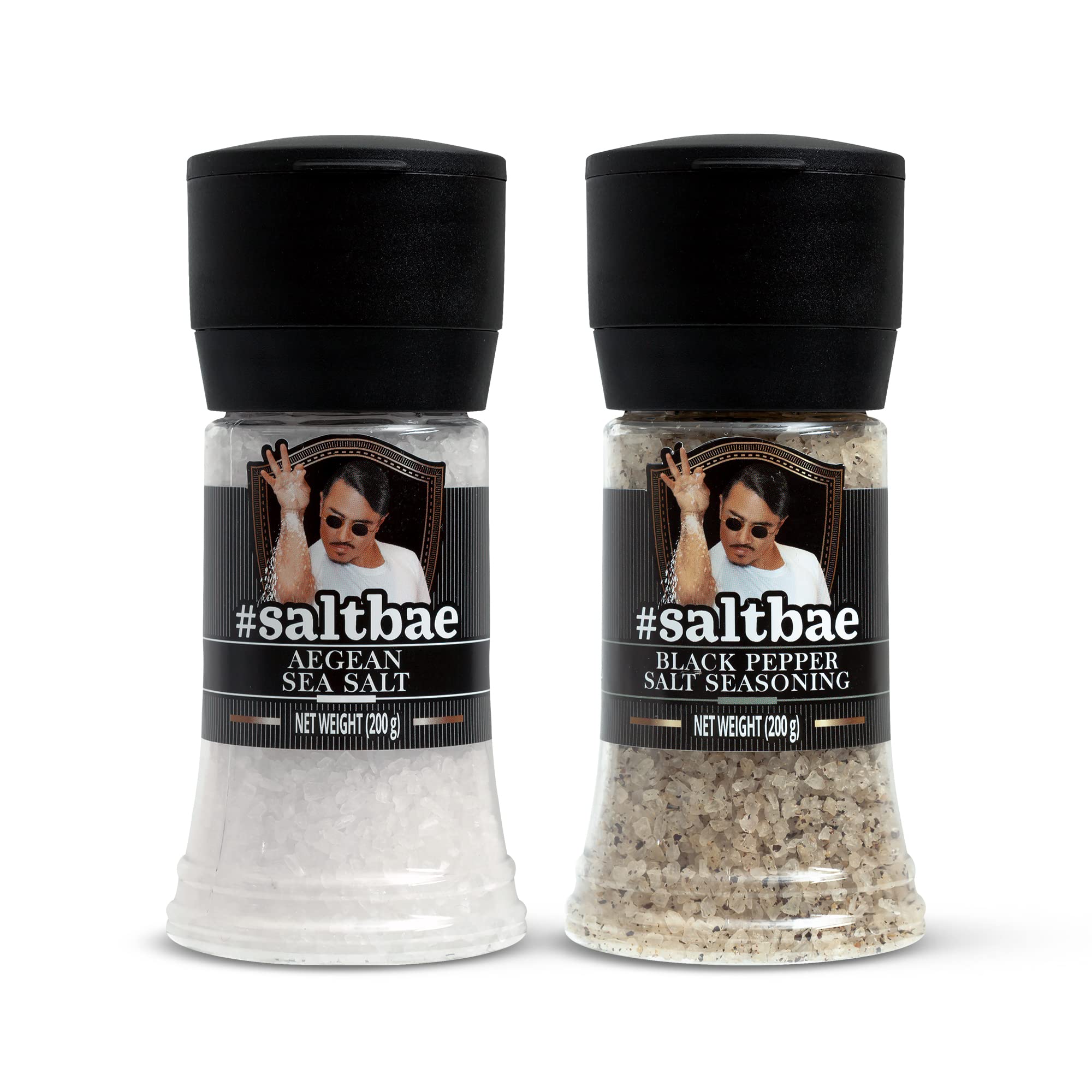 SaltBae Duo Pack Salt Seasonings - 2 pcs high quality salt seasonings for any home cook or grillmaster - ideal as giftset for BBQ parties - Aegean Sea Salt & Black Pepper Salt