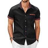 COOFANDY Men's Cotton Casual Short Sleeve Button Down Shirt Plaid Collar Denim Work Shirts
