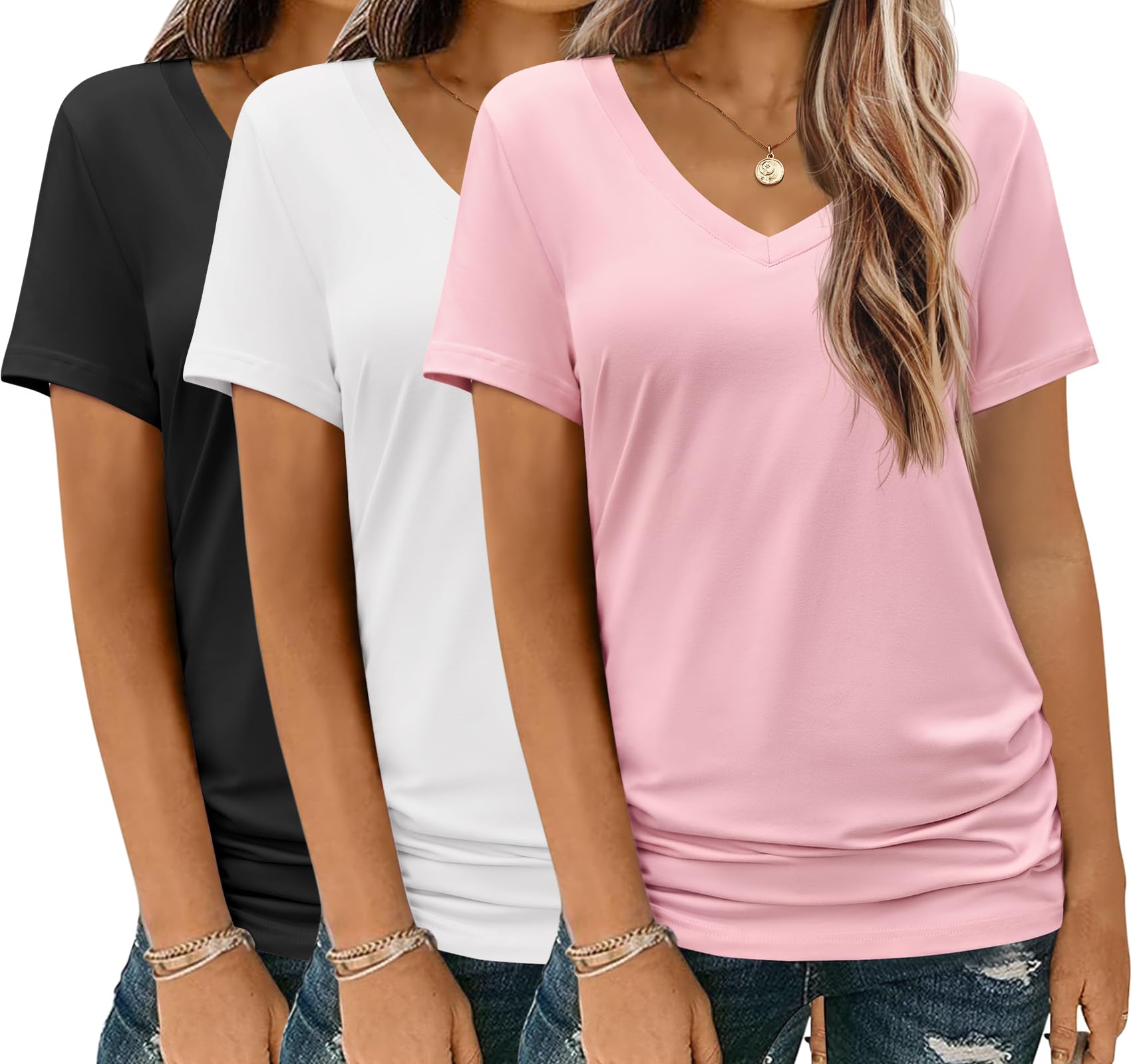 HOTOUCH Short Sleeve Shirt for Women 3 Pack V Neck T Shirts Summer Tops ...