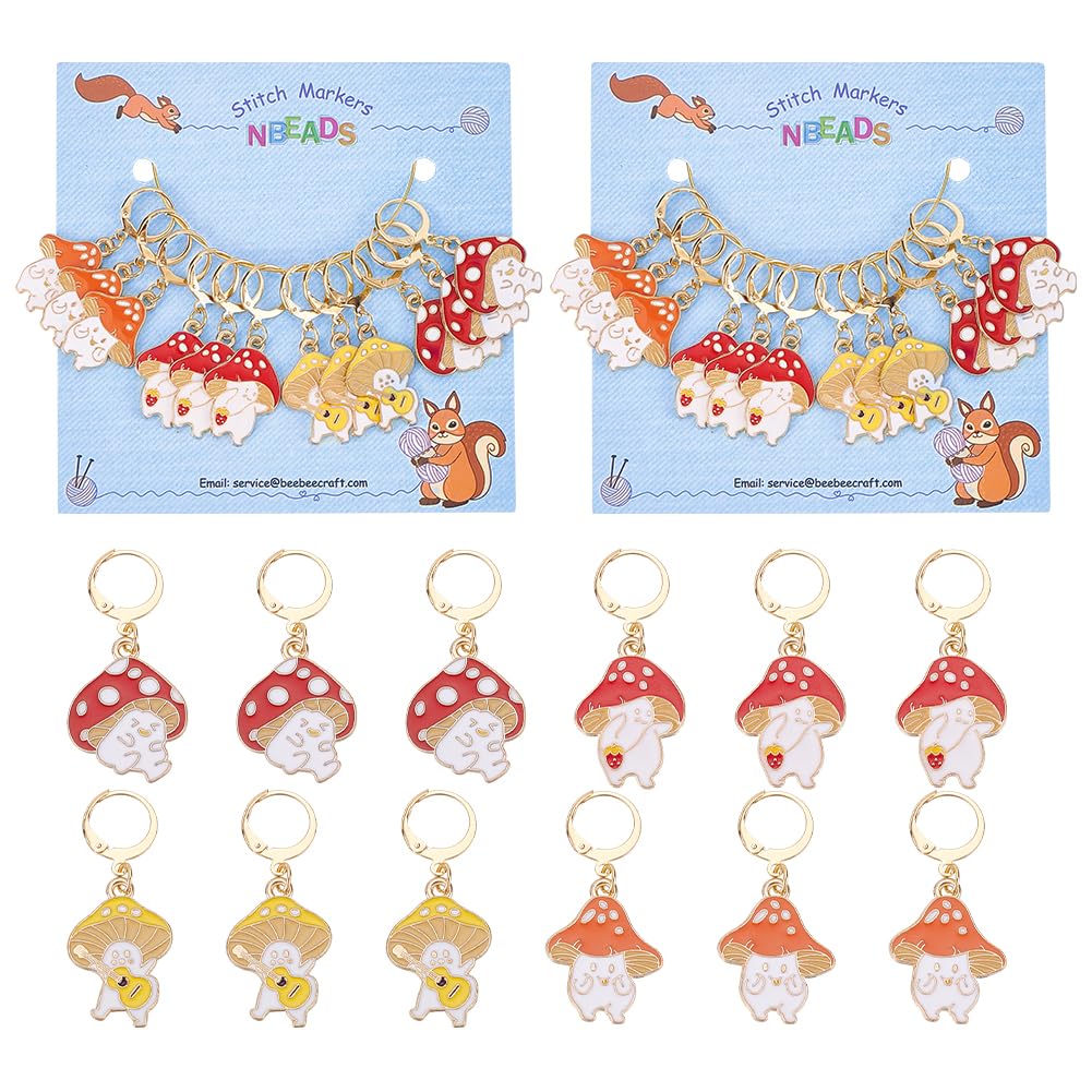 NBEADS 24 Pcs Mushroom Elf Stitch Markers, Alloy Enamel Crochet Stitch Marker Charms Removable Dangle Locking Stitch Marker for Knitting Weaving Sewing Accessories Quilting Jewelry Making — image 1