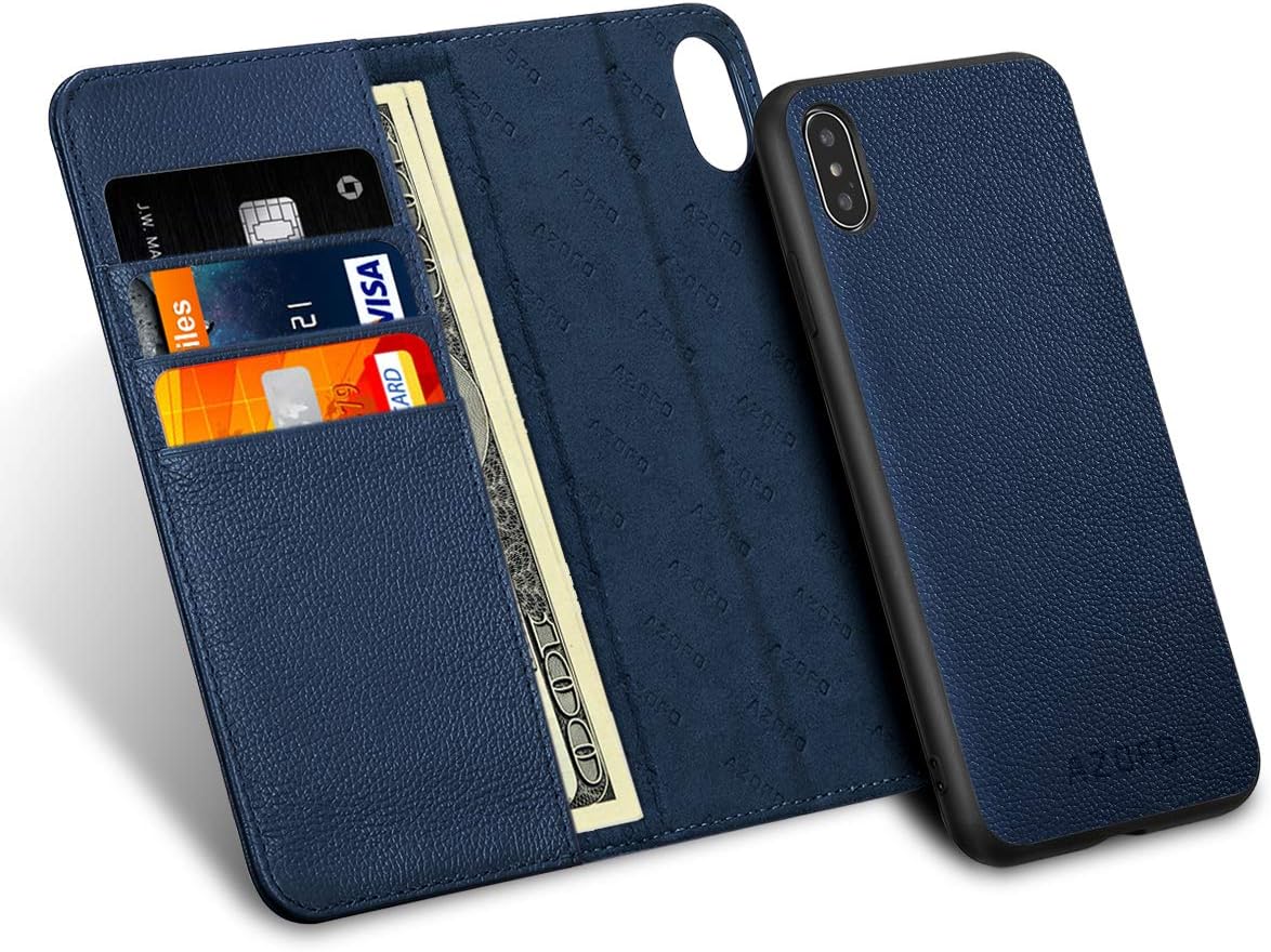 AZOFO iPhone Xs Max Wallet Case, [2 in 1] Detachable Magnetic Case [Cowhide Leather] Slim Flip Folio Cover, Card Holder Slots, Kickstand, [Gift Box Package] Compatible iPhone Xs Max (6.5-inch), Blue