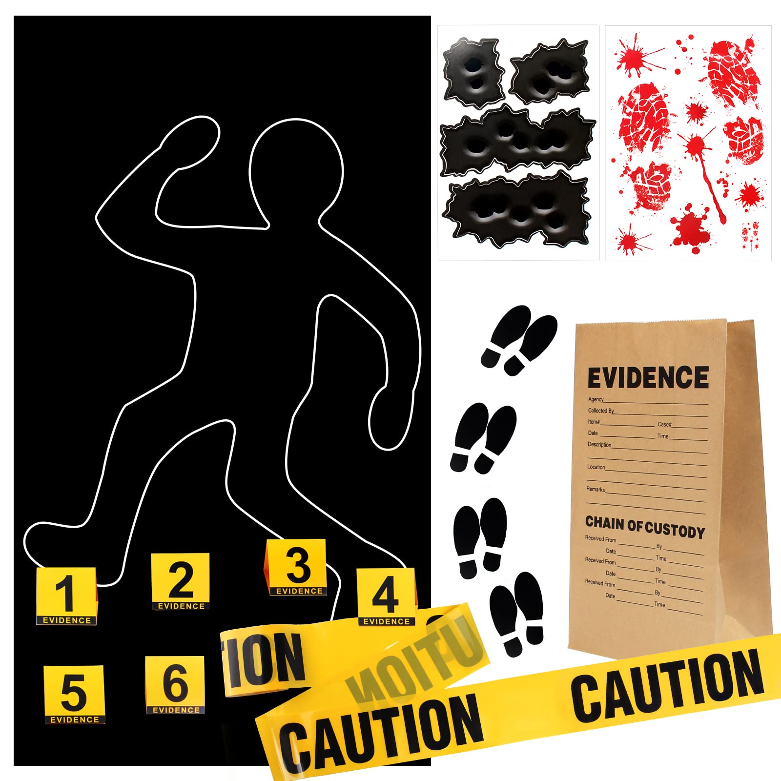 Photo 1 of Keymall 15 Pcs Crime Scene Decoration Includes Body Silhouette Caution Tape Evidence Marker Bag Footprint Bullet Hole Stickers For Halloween CSI Theme Murder Mystery Dinner Party Room Decor