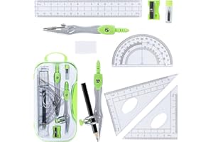 YUNQING 10 Pieces Math Geometry Kit Set with Shatterproof Storage Box, Student Supplies Includes Rulers,Protractor,Compass,Pencil Sharpener,Lead Refills,Pencil,Eraser for School and Drawings