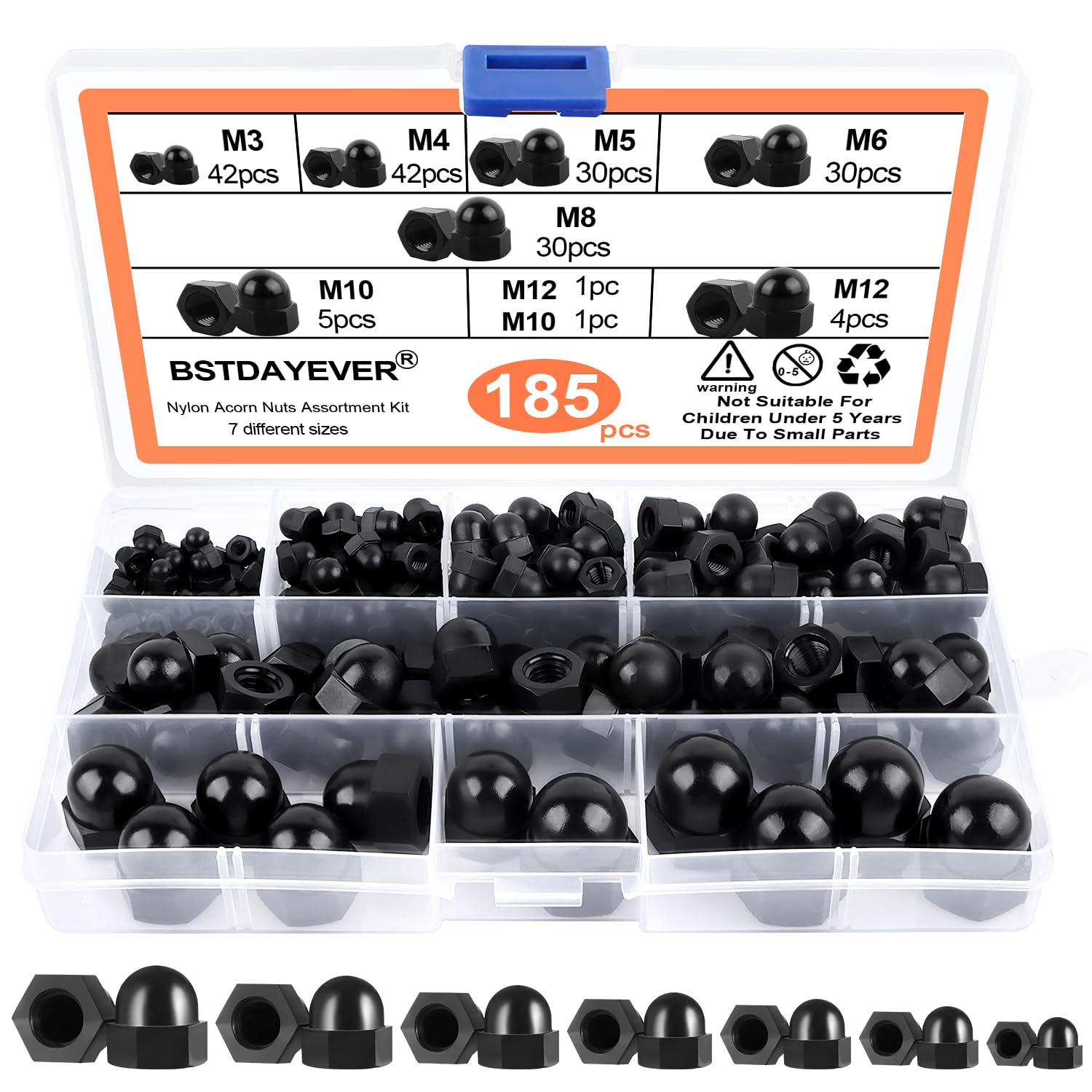 BSTDAYEVER Cap Nuts High Shape Set M3/M4/M5/M6/M8/M10/M12 Hexagonal Cap Nuts 185 Pieces Galvanised Cap Nuts Corrosion Resistance Dome Nuts Cap Nuts for Furniture Vehicle Fixings (Black/Nylon)