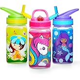 Home Tune 15oz Kids Water Drinking Bottle - BPA Free, Wide Mouth, Flip Sip Top, Easy Open, Lightweight, Leak-Proof, Cute Design For Girls & Boys - 3 Pack Unicorn & Fairy & Mermaid