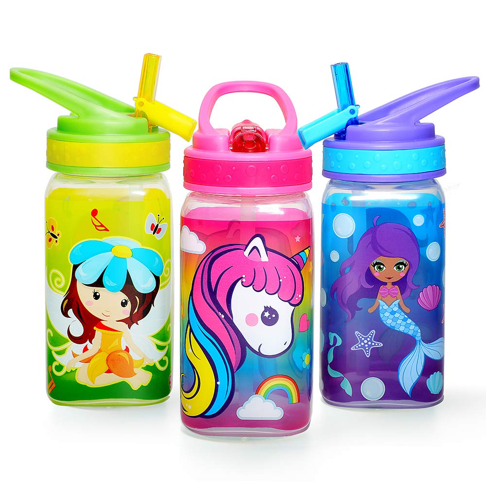 Home Tune Kids Water Drinking Bottle (440ml) - BPA Free, Wide Mouth, Flip Sip Top, Easy Open, Lightweight, Leak-Proof, Cute Design For Girls & Boys - 3 Pack Unicorn & Fairy & Mermaid