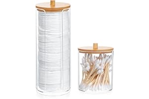Fulushouxi 2 Pcs Qtip Holder, Cotton Pads Balls Dispenser Holders, Clear Cotton Swab Makeup Canister, Apothecary Jar Holder Organizer with Bamboo Lid for Bathroom Tabletop Vanity Makeup Storage Box