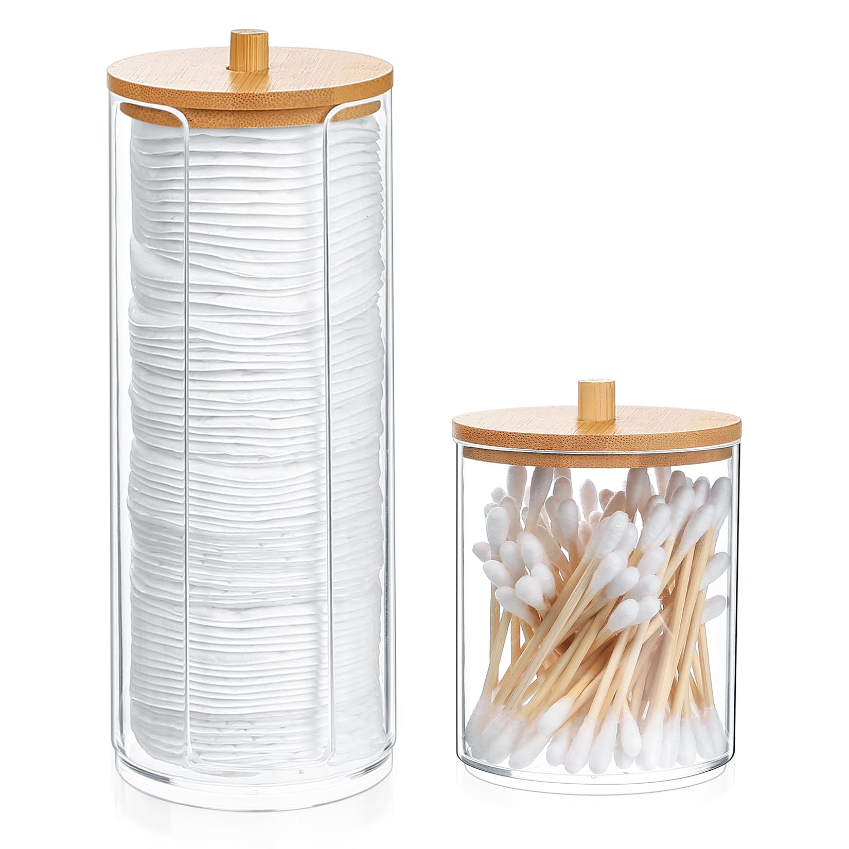 Fulushouxi 2 Pcs Cotton Pad Holder, Cotton Wool Bud/Swab/Ball Holder, Bathroom Qtip Dispenser Jars Canisters Holders for Vanity Cotton Ball Qtip Makeup Storage Organiser Dispenzer, wuth Bamboo Lid