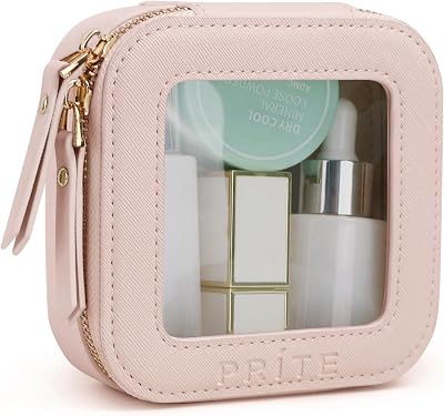 Prite Small Clear Makeup Bag Gift Box Pearl Pink Double Zippers PU Leather