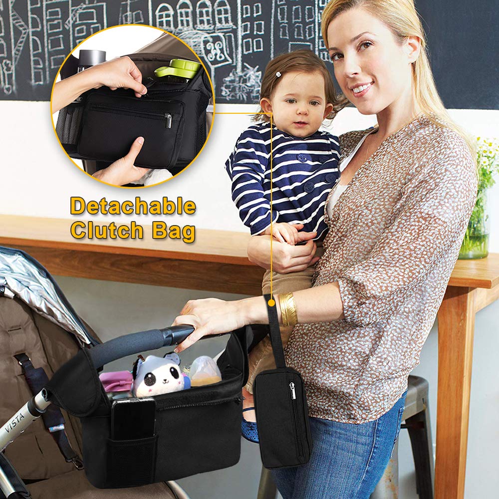 Baby Stroller Organizer Bag - Stroller Storage Bag with 2 XL Waterproof Leak-Proof Insulated Cup Holders and Large Detachable Zippered Clutch Bag for Universal Stroller Like Baby Jogger, Bugaboo : Baby