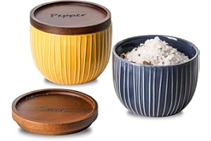 Adewnest Ceramic Salt and Pepper Bowl: 10 oz Farmhouse Style with Removable Wooden Lid - Stackable - Dishwasher Safe - Navy &