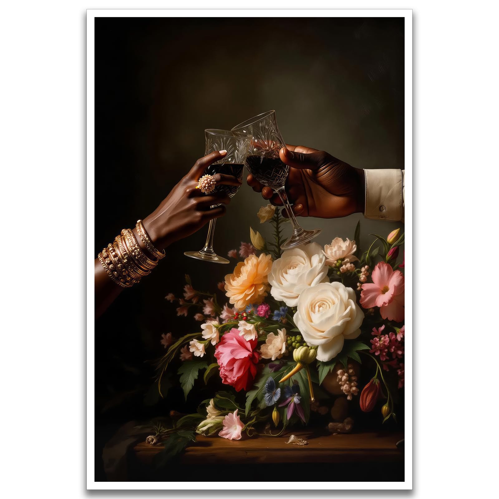 Photo 1 of Black Couple Canvas Wall Art African American Man and Woman Poster Black Love Wall Art Bouquet Painting Print Romantic Artwork Bar Cart Decor for Living Room Bedroom Office Decor, 16x24inch Unframed