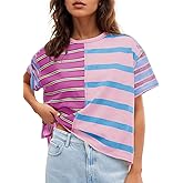 Tankaneo Womens Summer Striped Shirts Casual Color Block Short Sleeve Tops Loose Fit Crew Neck Tees