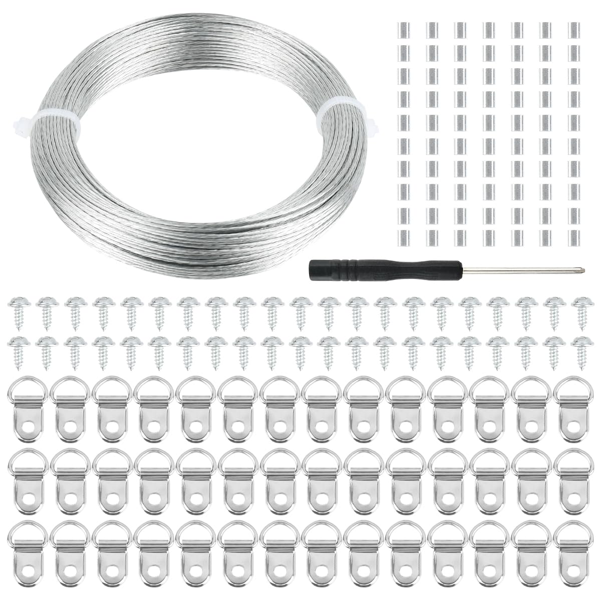 OctBird Picture Hanging Kit,30m Wire,42 D Hooks,42 Screws,70 Crimp Ring Sleeves,1 Screwdriver, Set of Wall Picture Hooks Hanging Picture
