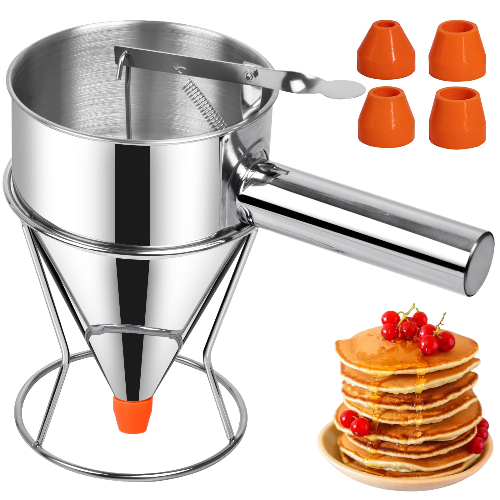 Pancake Dispenser, Sopito 40oz/1.2L Batter Dispenser for Baking with Stand Stainless Steel Funnel Multifunctional for Cooking with 4 Silicone Nozzles