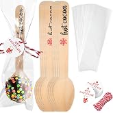 Teenyyou 100 Christmas Wooden Spoons Hot Cocoa Stirring with Tag Bag Rope | Chocolate Bar Stirring Spoon, with Tag Bag Rope, Gift for Cake Candy Baking, Holiday Party Favor Bar Dessert Supply