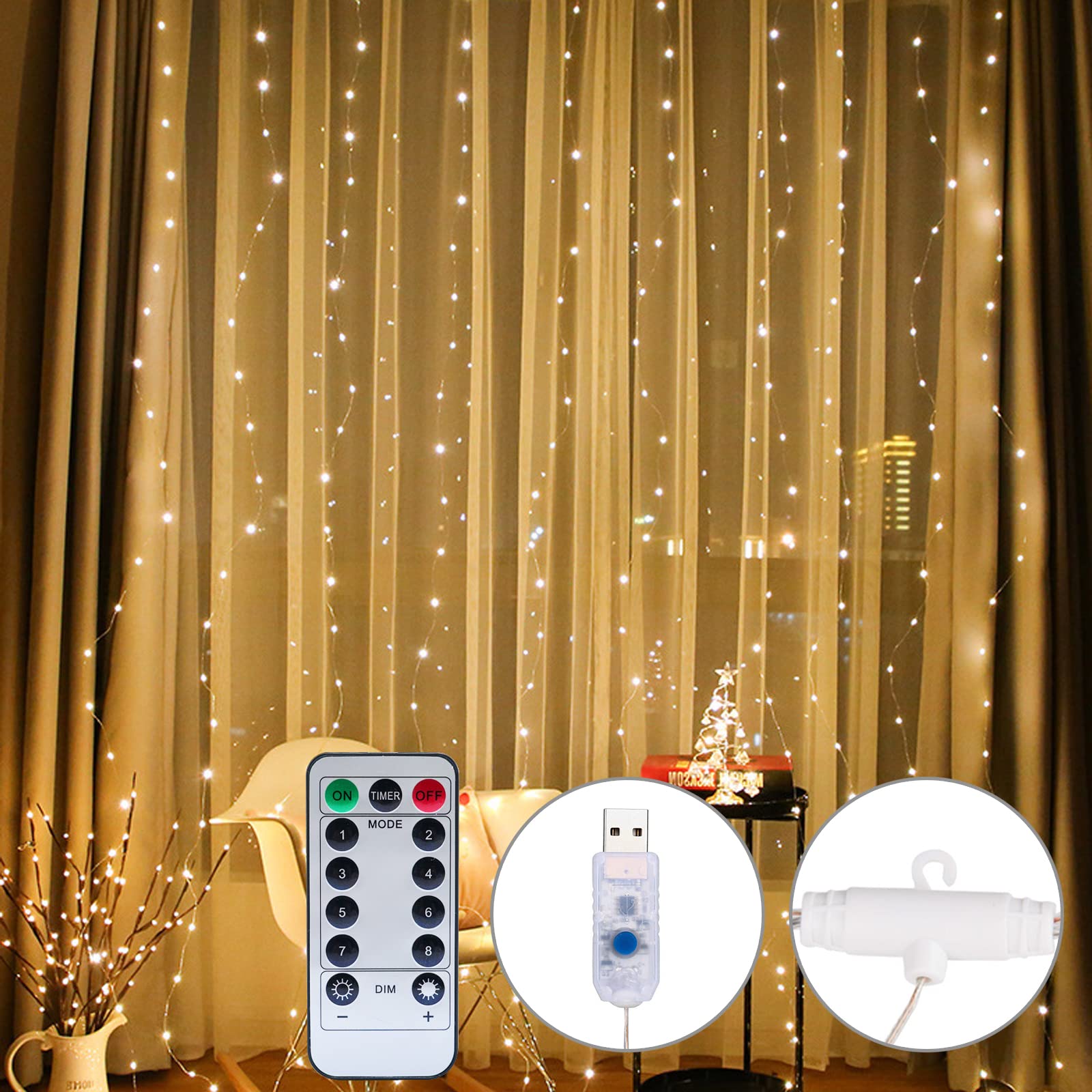 OWill 300LED Curtain Lights Warm White, 3mx3m USB Powered 8 Modes Window Fairy String Lights for Bedroom, Indoor, Outdoor, Weddings, Party, Decorations