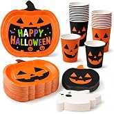 LINHAXM 72 PCS Halloween Party Supplies, Black and Orange Pumpkin Shaped Paper Plates, Cups, Ghost and Pumpkin Napkins for Halloween Birthday Party Decorations, Serves 24