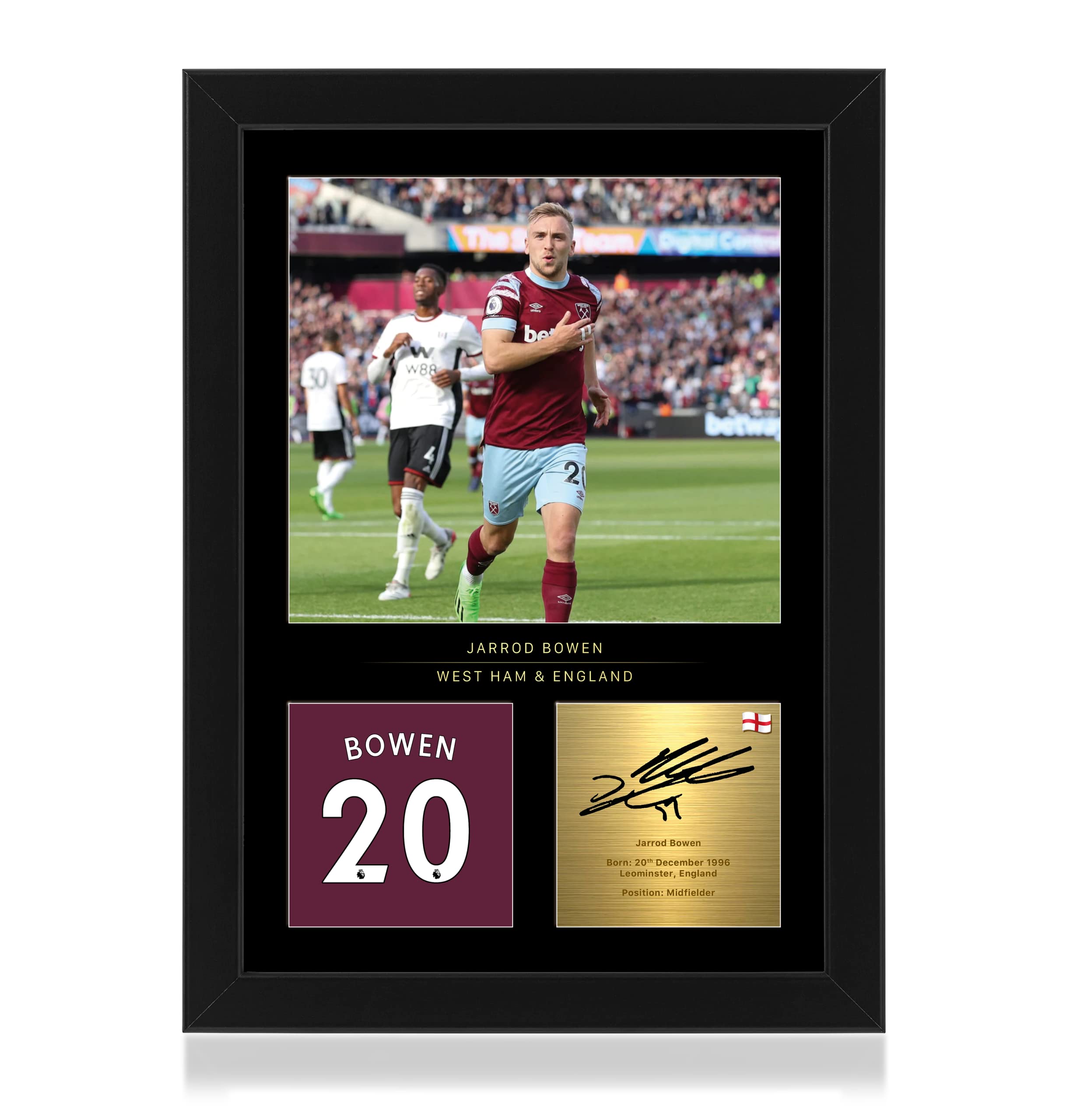 Win FC Jarrod Bowen A4 Framed Photo Display - Reproduced Digital Signature - Gift For West Ham Fans