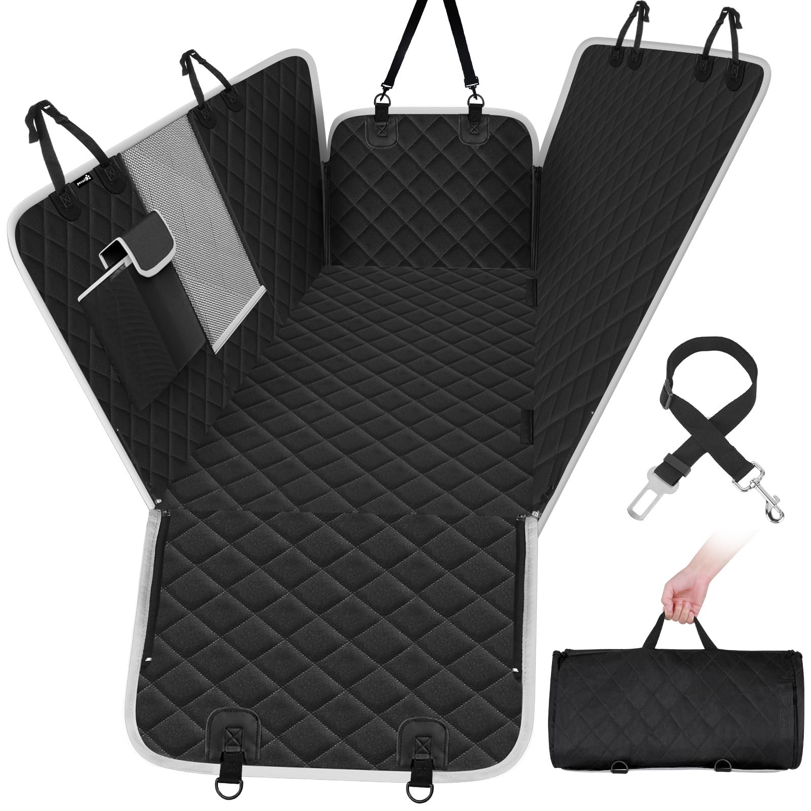 pecute Dog Car Seat Cover, Car Seat Cover for Dogs with Viewing Window/Side Flaps/Storage Bags, Dog Hammock Scratch Proof Nonslip Back Seat Protector for Cars Trucks SUV(146x136cm)