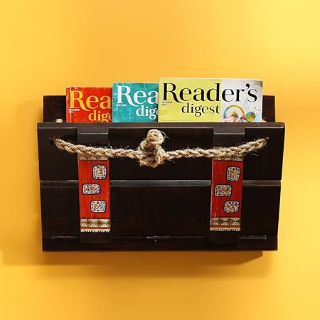 ExclusiveLane Leisure Reads Extendable Warli Magazine Rack Newspaper Wall Stand in Teak Wood, Natural Dark Brown