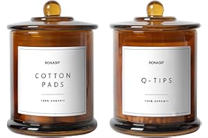 Ronasip Qtip Holder & Cotton Pad Dispenser, Bathroom Organizer and Storage Canisters, 16oz Glass Apothecary Jars for Kitchen, Restroom - Home Decor Accessories, Room Decor Aesthetic (2 Pack, Amber)