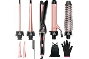5 in 1 Curling Iron, Curling Wand Set with Thermal Brush Flat Iron Hair Straightener Interchangeable Ceramic Barrels (0.35"-1