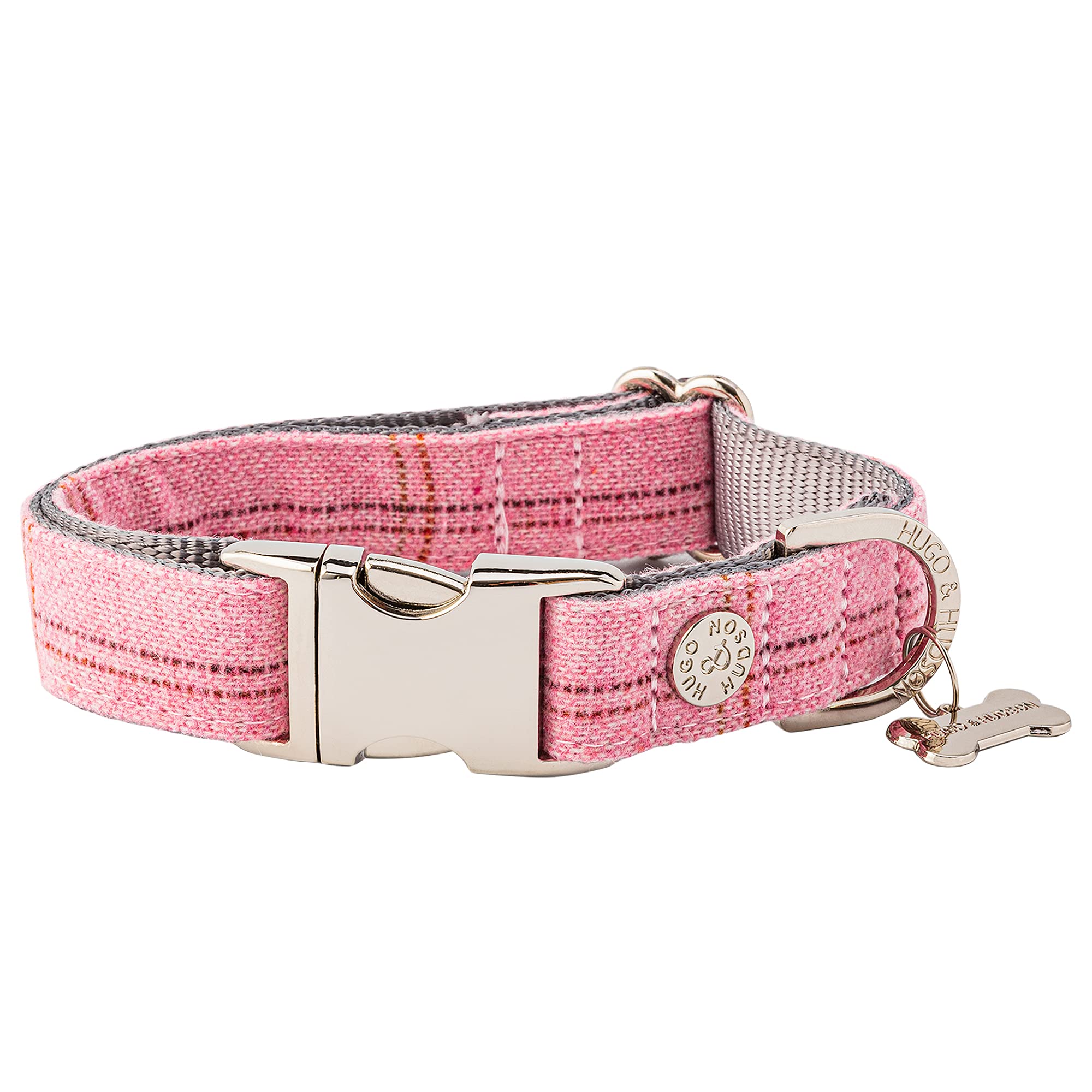 HUGO & HUDSON Tweed Dog Collar, Adjustable Quick Release Safety Metal Buckle, Pink Checked, L