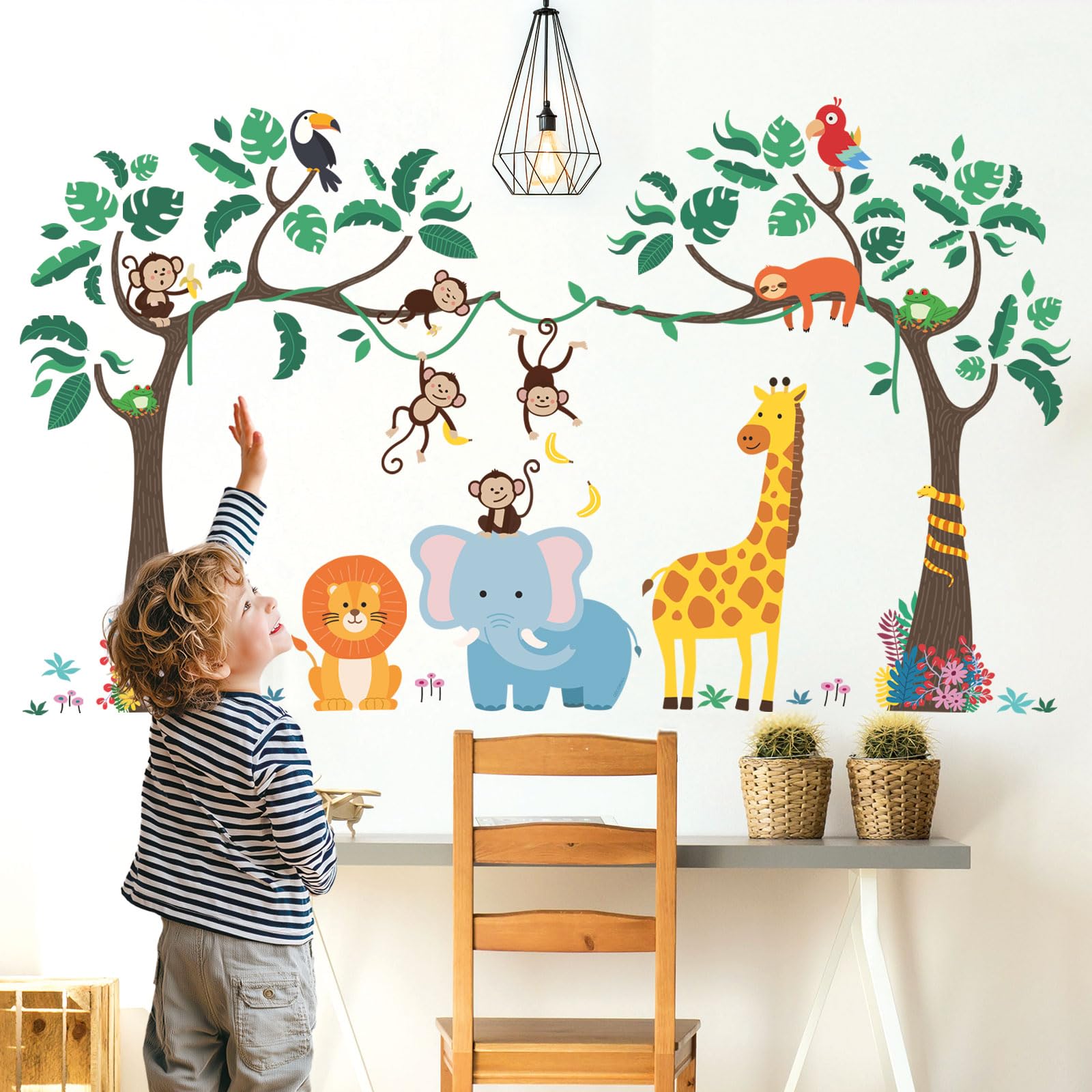 DECOWALL SG2-2112 Jungle Tree Animals Kids Wall Stickers Monkey Elephant Giraffe Decals Removable for Nursery Bedroom Living Room Art Mural Decoration