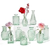 PURVONNIE Vintage Small Glass Vases Set of 10,Mini Bud Vases for Flowers,Amber Glass Vases for Centerpieces,Wedding Decorations,Home Table Flower Decor(Sage Green)