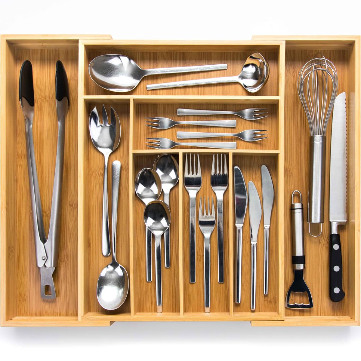 budu Cutlery Tray #43 (Depth 43 cm) Made of Bamboo - Drawer Organiser System for the Kitchen - Cutlery Tray for Bamboo Drawers - Extendable - Kitchen Drawer Organiser