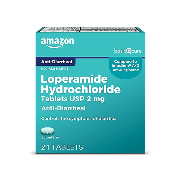 AMAZON BASIC CARE LOPERAMIDE HYDROCHLORIDE TABLETS, 2 MG, ANTI-DIARRHEAL, 24 COUNT (PACK OF 1)