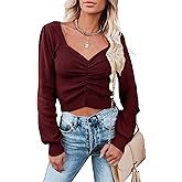 PRETTYGARDEN Fall Long Sleeve Cropped Sweaters for Women 2024 Off The Shoulder V Neck Ruched Ribbed Knit Going Out Tops