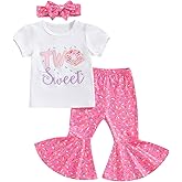YOKJZJD 3Pcs Baby Girl 1st Birthday Outfit Sweet One Two Sweet Short Sleeve T-Shirt Tops Bell Bottom Pants Set Summer Clothes