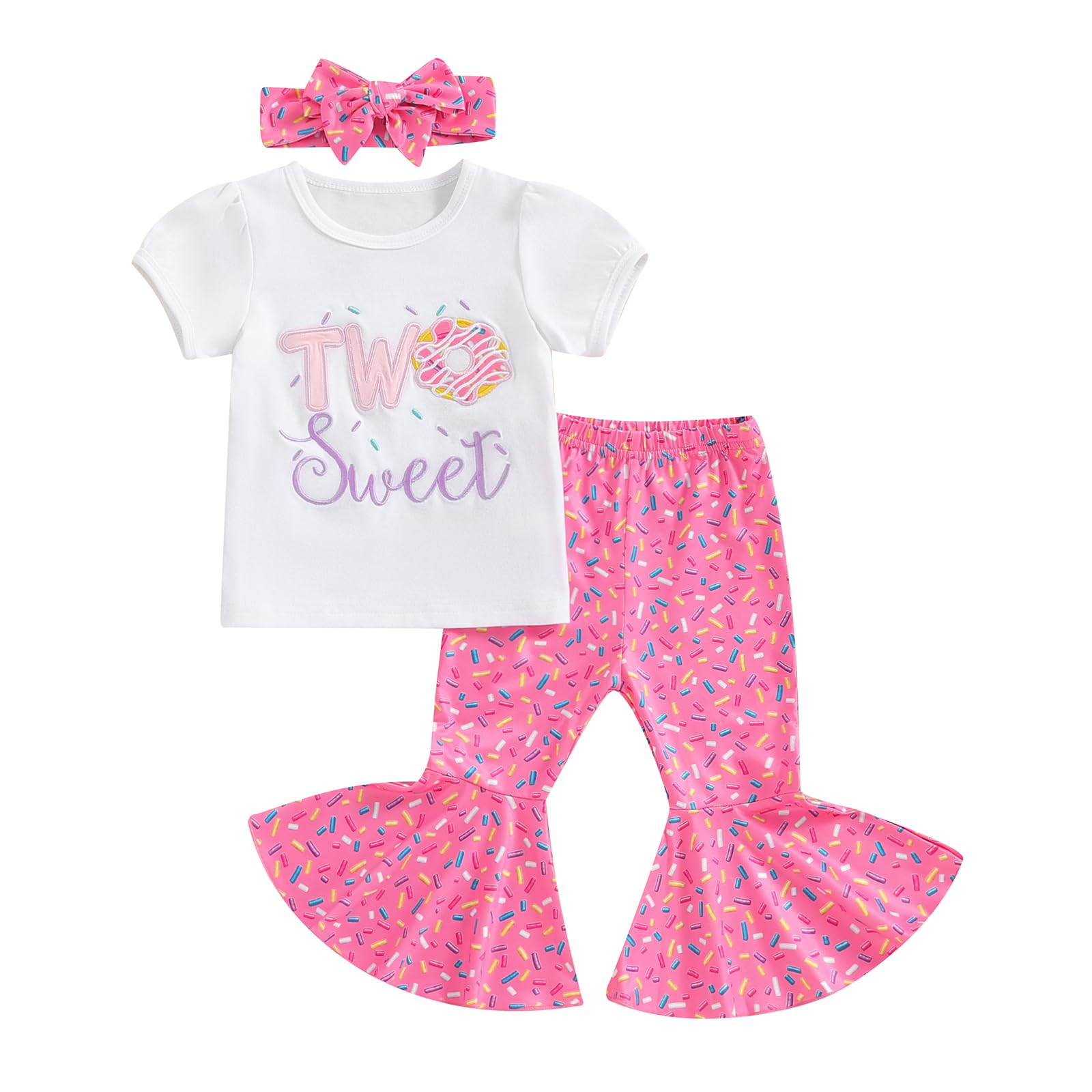 Photo 1 of YOKJZJD 3Pcs Baby Girl 1st Birthday Outfit Sweet One Two Sweet Short Sleeve T-Shirt Tops Bell Bottom Pants Set Summer Clothes (Two Sweet Pink, 12-18 Months)