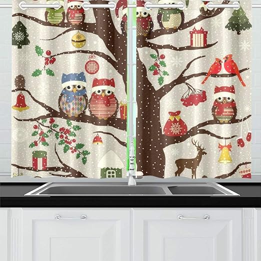 Jochuan Greeting Card Tree Christmas Birds Christmas Kitchen Curtains Window Curtain Tiers For Cafe Bath Laundry Living Room Bedroom 26 X 39 Inch 2 Pieces Amazon Co Uk Kitchen Home
